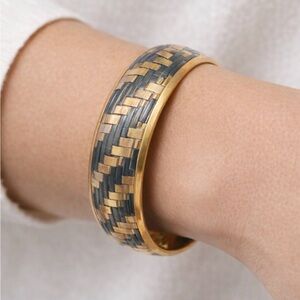 Vintage Gold And Black Basket Weave Wide Bangle Bracelet Western 3 Inches Wide